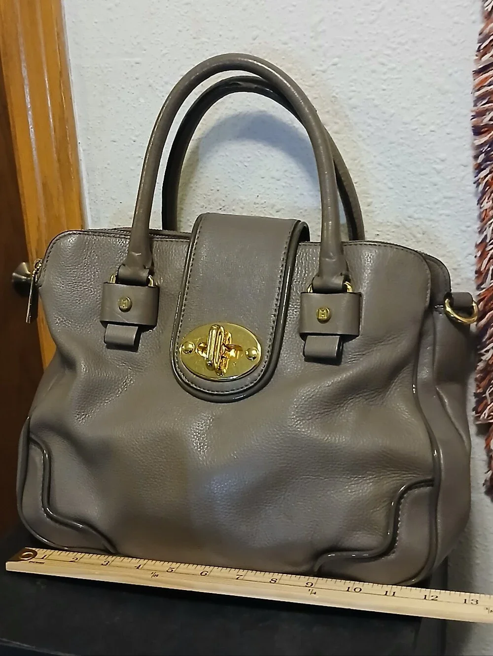 ​Antonio Melani Taupe Gray Pebble Leather Turnlock Satchel Bag Logo Lined
